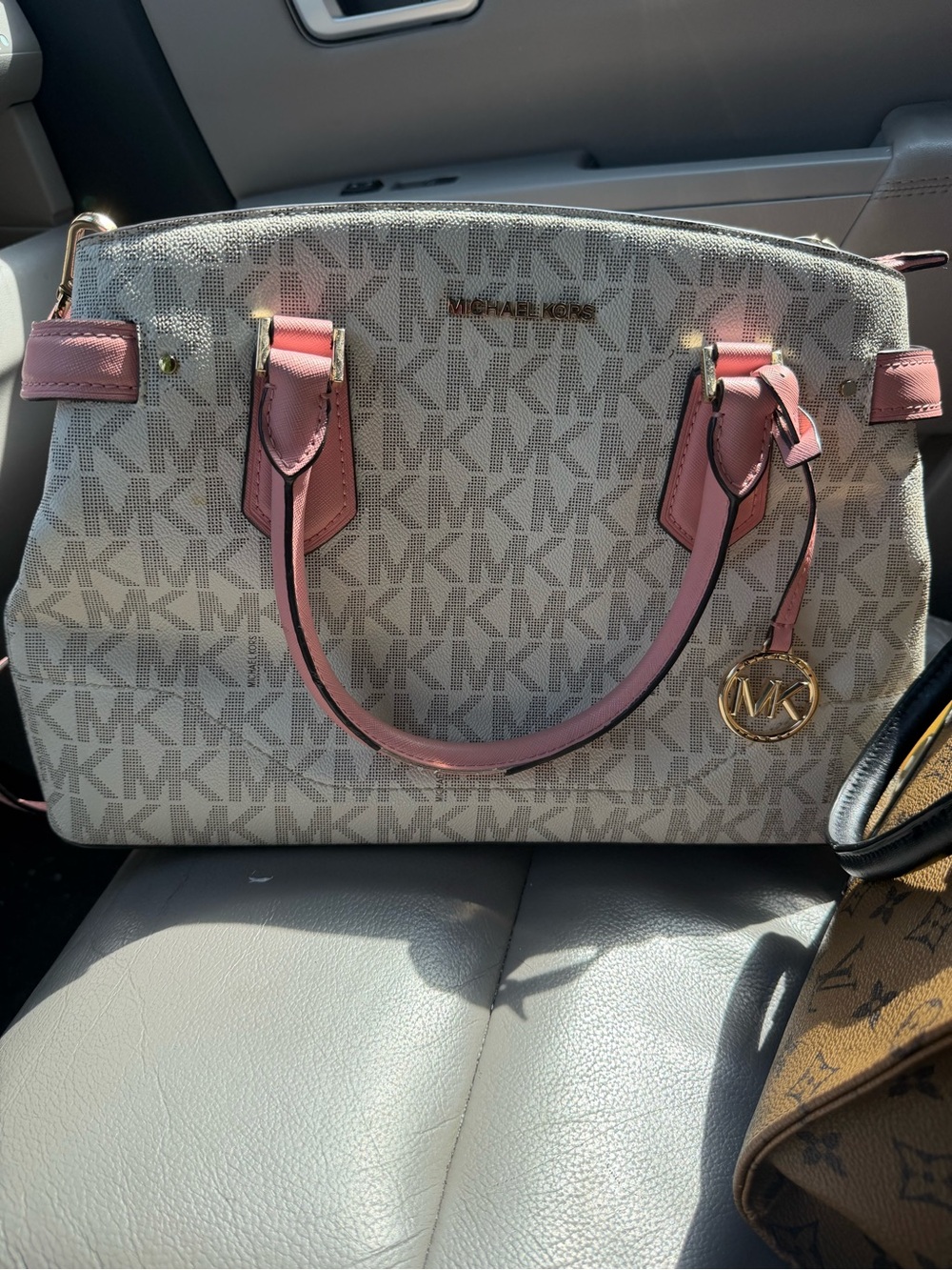 Michael Kors White Signature Satchel with Pink Leather Trim